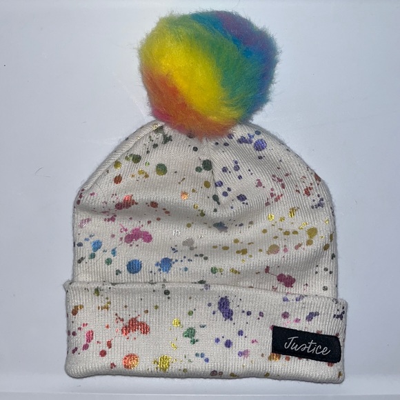 Justice Other - Justice Beanie Hat Rainbow Paint Splatter Print & Pom Pom Fall Winter